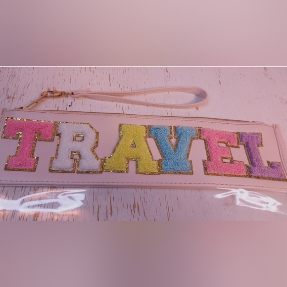 Chenille Letter Travel Zipper Pouch Bag Cosmetics Makeup Toiletry Vacation - Picture 3 of 7